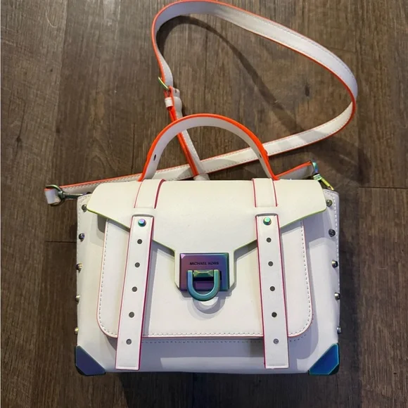 Michael Kors White Satchel with Neon Orange Trim and Iridescent Hardware - Picture 2 of 2